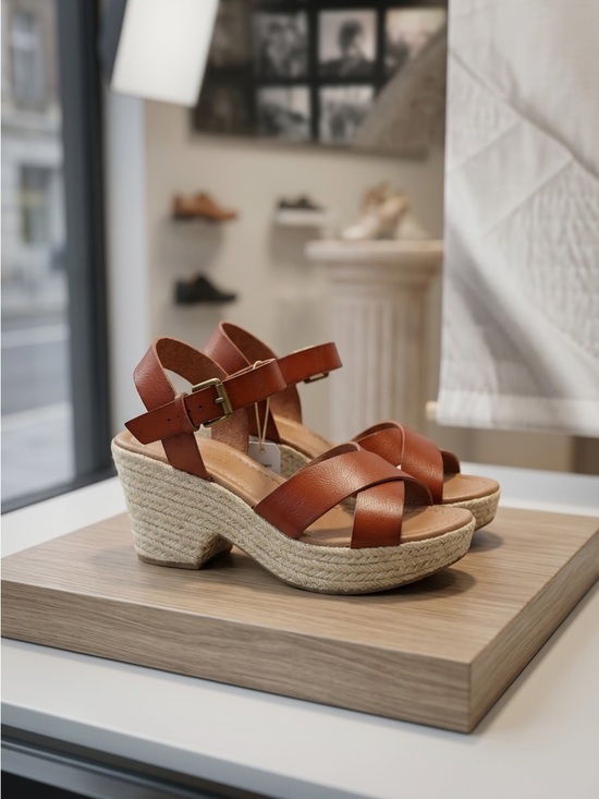 Cushionaire Shoes - NWOT Women’s Cognac Leather Espadrille Wedge Sandals